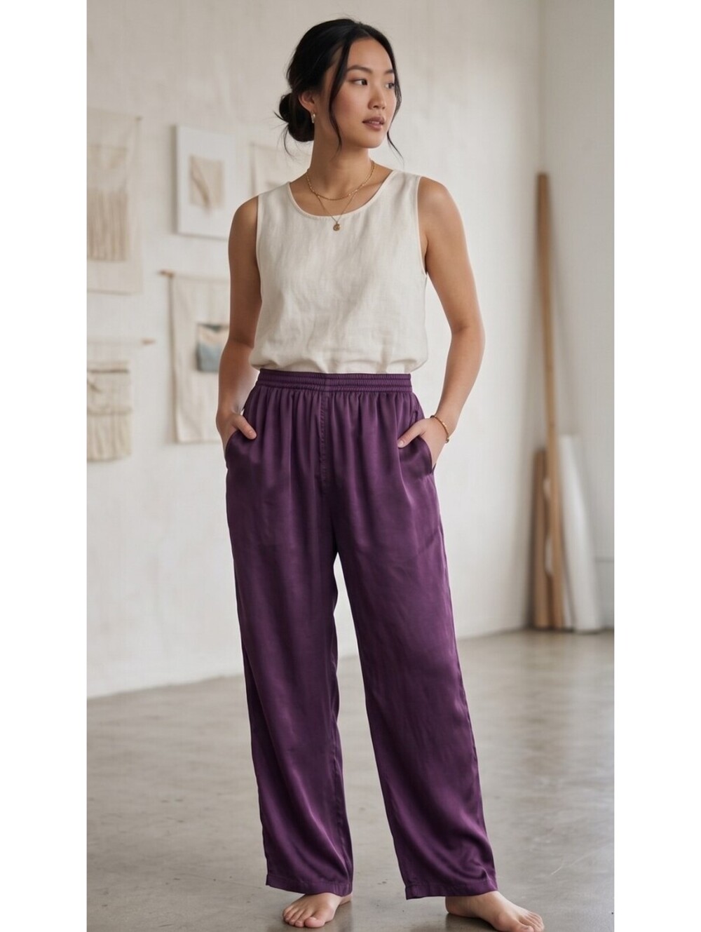 Citron Santa Monica Womens Silk Pants Small Purple Elastic Waist Trousers